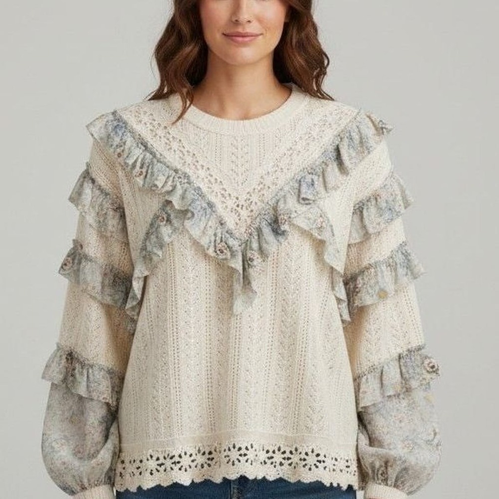 POL Textured Knit Top W/Ruffles Detailed Mixed Lace Style UKT662A Sz S Cream